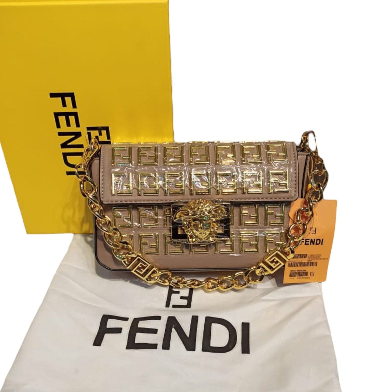 The Bag Couture Handbags, Wallets & Cases FENDI X VERSACE Fendance Brooch Metal Embossed Premium Sling Bag Beige