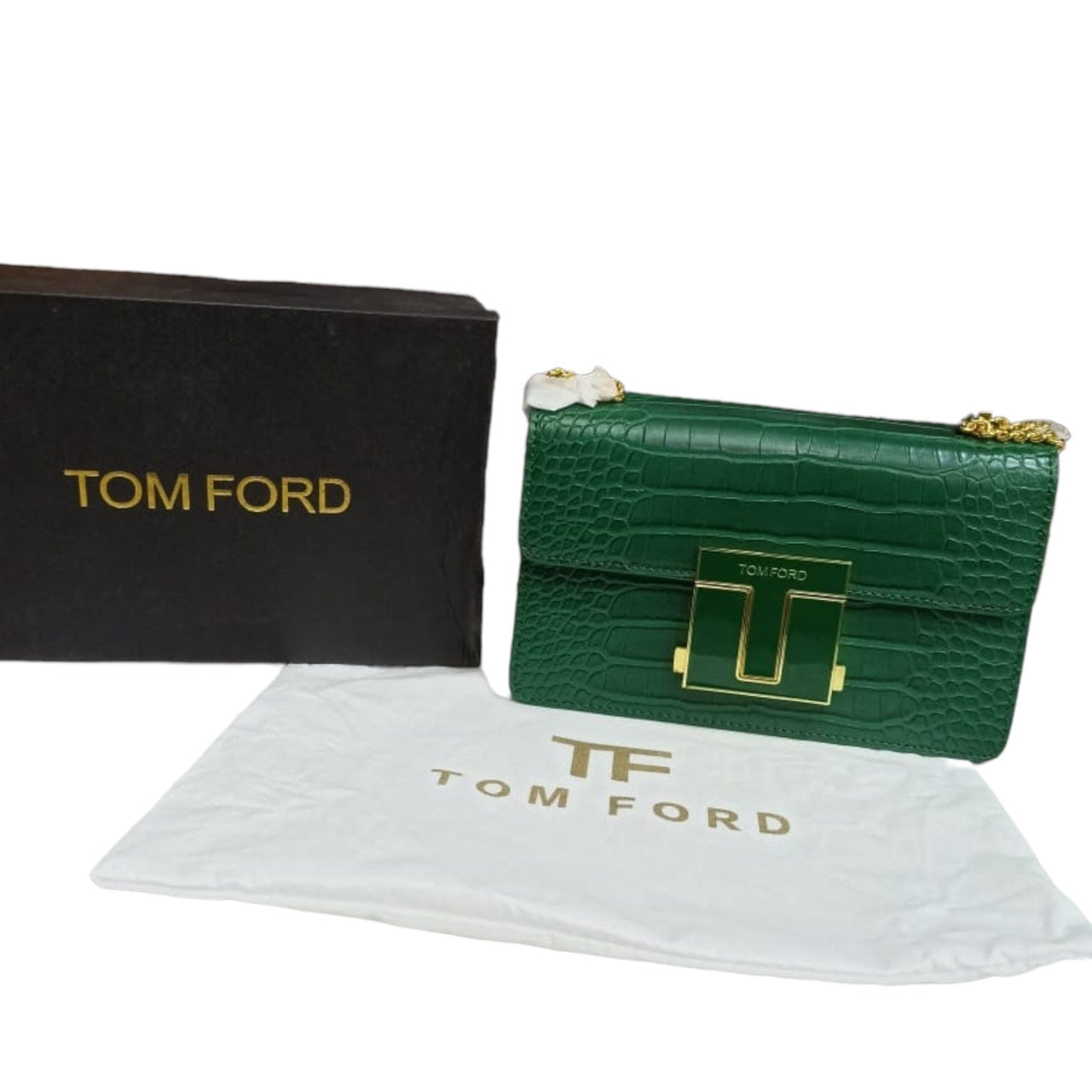 The Bag Couture Handbags, Wallets & Cases TOM FORD Logo Clasp Crocodile Embossed Leather Shoulder Bag Green