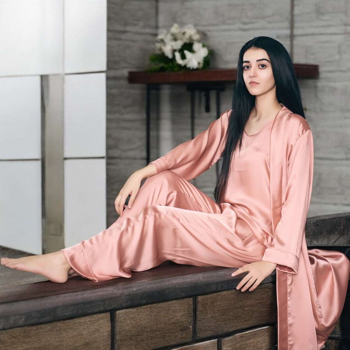 Plain Silk 3 Piece Robe Set (10 Colors)