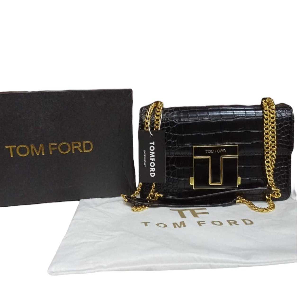 The Bag Couture Handbags, Wallets & Cases TOM FORD Logo Clasp Crocodile Embossed Leather Shoulder Bag Black