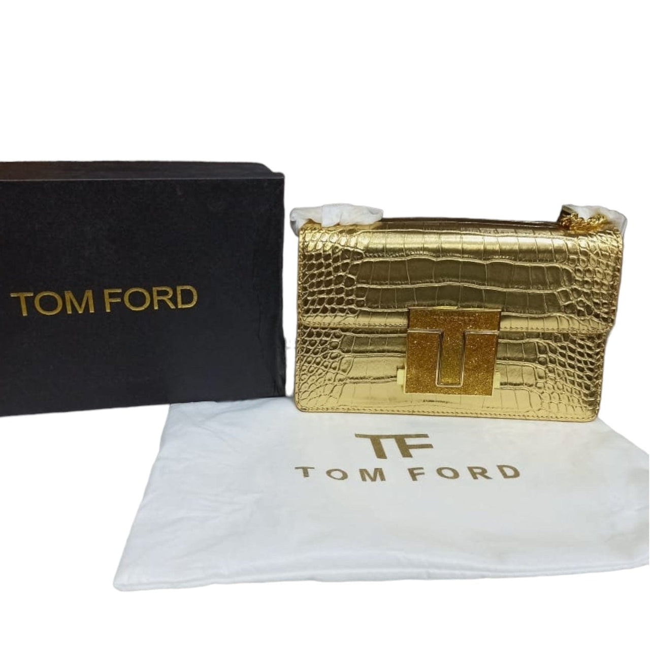 The Bag Couture Handbags, Wallets & Cases TOM FORD Logo Clasp Crocodile Embossed Leather Shoulder Bag Gold