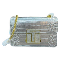 Thumbnail for The Bag Couture Handbags, Wallets & Cases TOM FORD Logo Clasp Crocodile Embossed Leather Shoulder Bag Silver