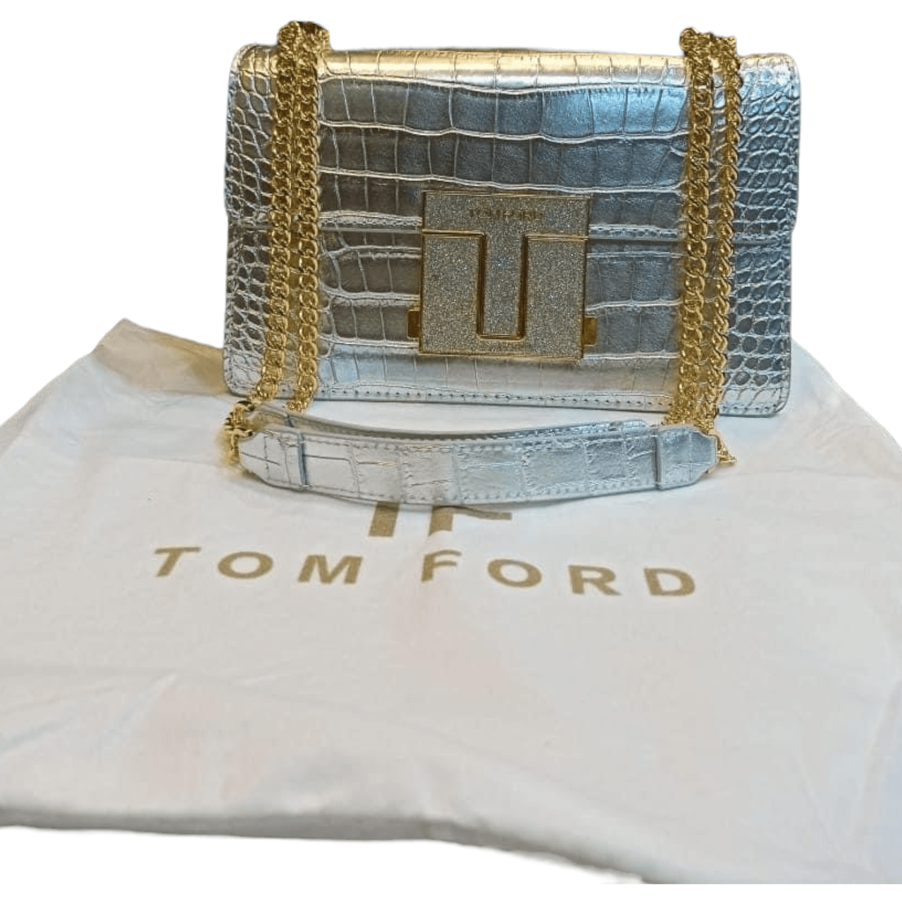 The Bag Couture Handbags, Wallets & Cases TOM FORD Logo Clasp Crocodile Embossed Leather Shoulder Bag Silver