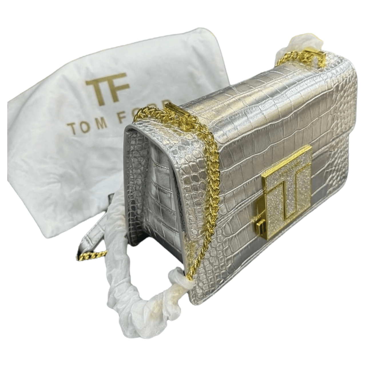 The Bag Couture Handbags, Wallets & Cases TOM FORD Logo Clasp Crocodile Embossed Leather Shoulder Bag Silver