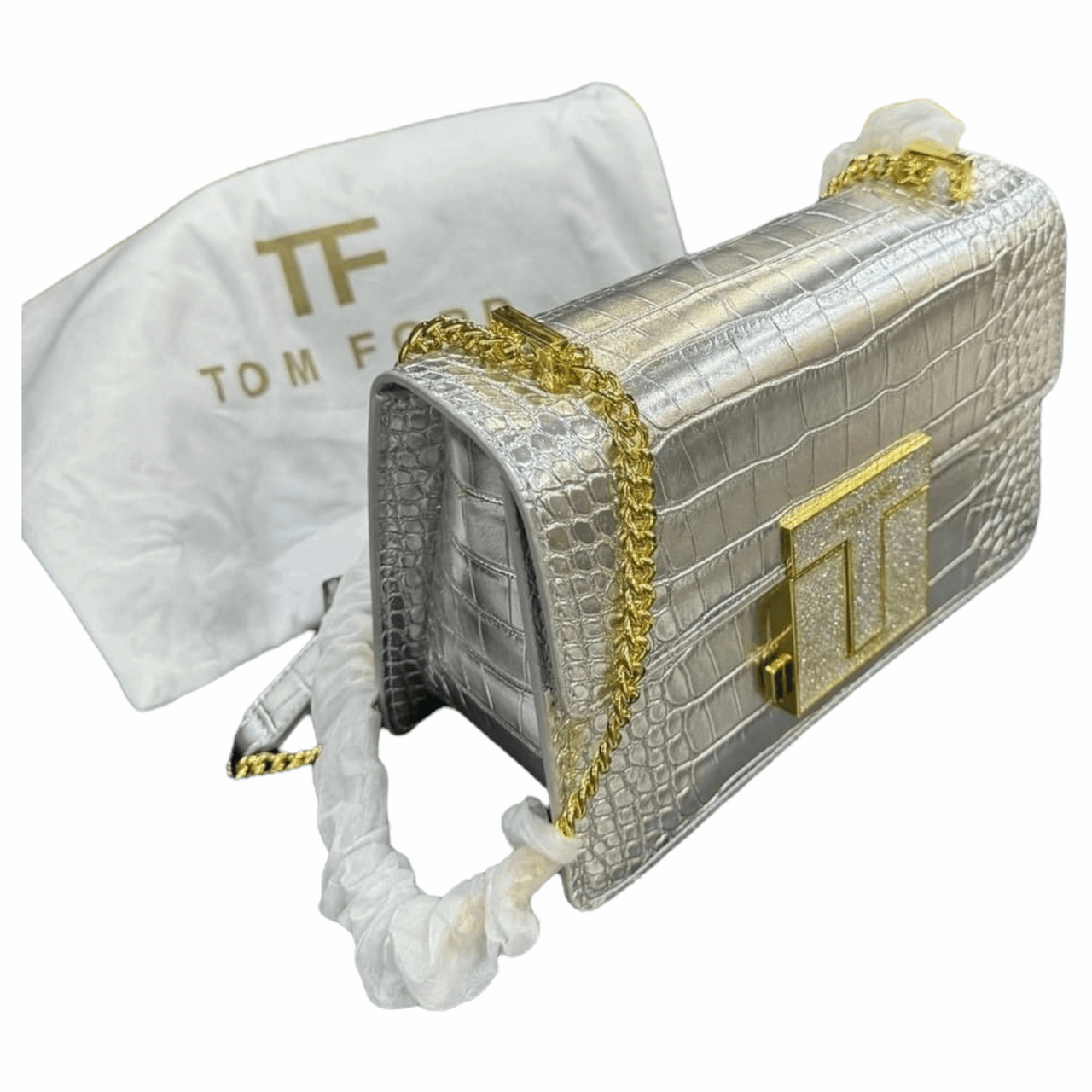 TOM FORD Logo Clasp Crocodile Embossed Leather Shoulder Bag Silver - EBM | TBC elorabym.com {{ shop.shopifyCountryName }} - Discounted Prices - Online Store - Best Quality In Pakistan - Sale -Cash On Delivery - Online Payment - Bank Transfer Facility - Shipping Worldwide - Sleepwear - Loungewear - Nighties - Crossbody - Handbag