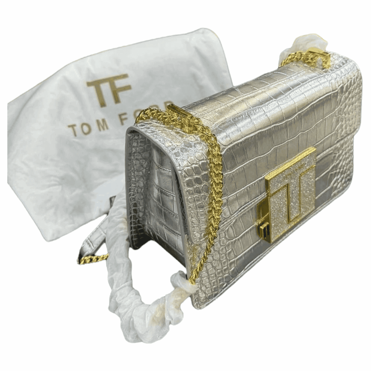 TOM FORD Logo Clasp Crocodile Embossed Leather Shoulder Bag Silver - EBM | TBC elorabym.com {{ shop.shopifyCountryName }} - Discounted Prices - Online Store - Best Nightsuits in Pakistan - Sale -Cash On Delivery - Online Payment - Bank Transfer - Shipping Worldwide - Sleepwear - Nighties - Crossbody - Handbag - Nightsuit - Nigh Suit - Nightwear - Sunglasses - Bags - Wallets